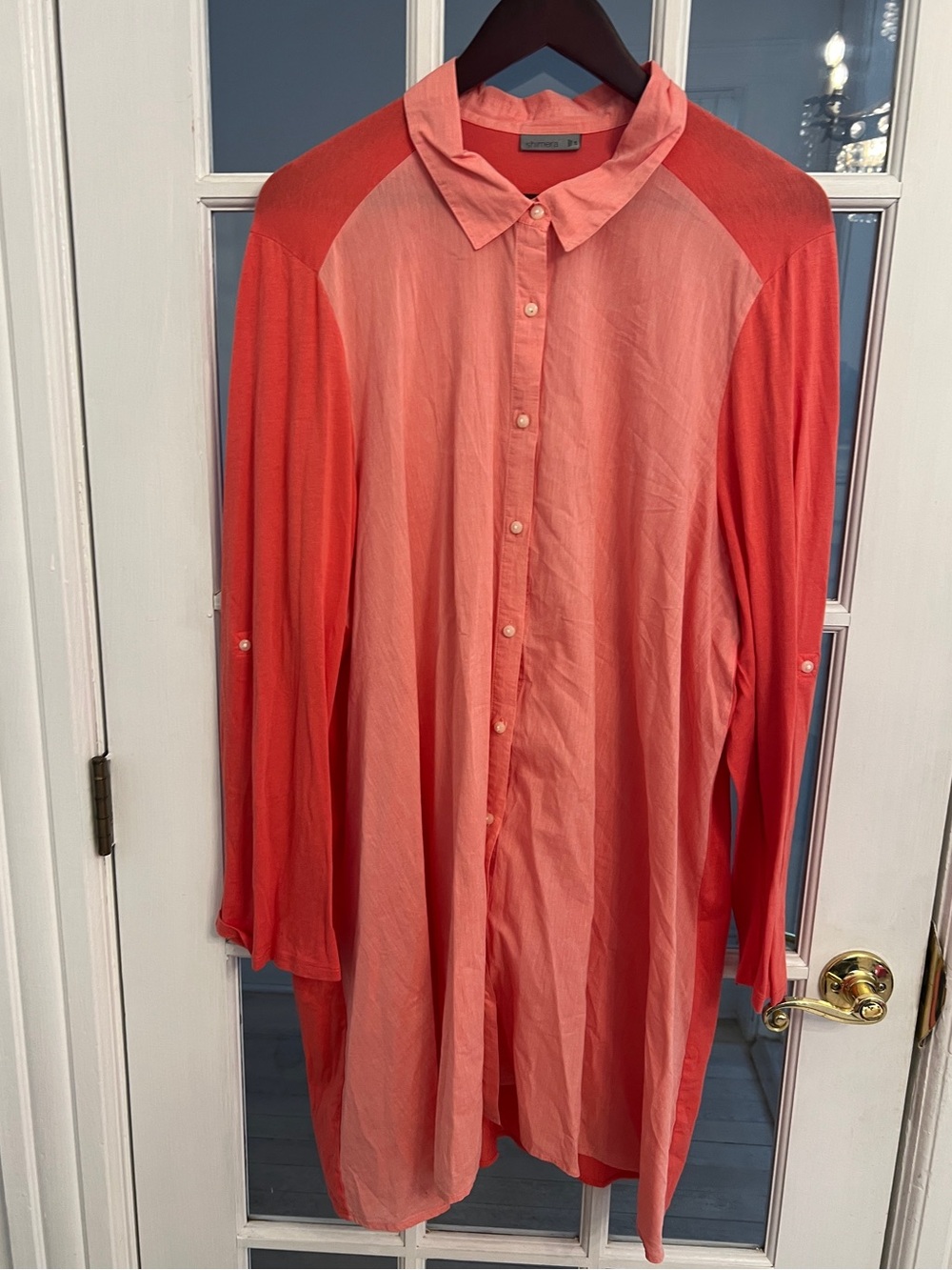 SHIMERA Women Coral Pink Colorblock Cotton Button Down Tunic Shirt Plus 2X